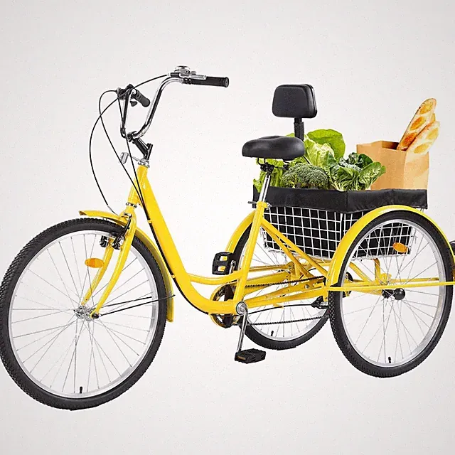 7-Speed Yellow Adult Tricycle 26", Stable 3-Wheel Cruiser With Cargo Carrier