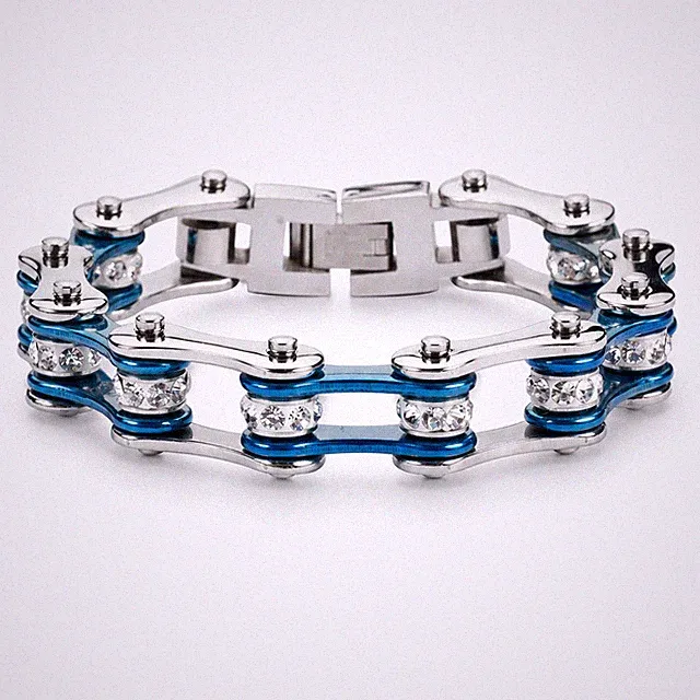 ATC Ladies Stainless Steel Motorcycle Bike Chain Bracelet Electric Blue CZ 7" 10
