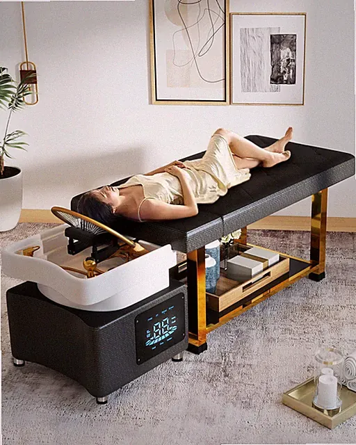 Backwash Head Spa Shampoo Bowl Massage Bed Salon w/Water Cycle,LED Light Therapy