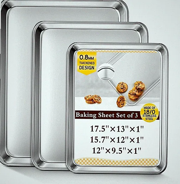 Baking Sheet Set of 3, Commercial Grade Stainless Steel Cookie Sheets for Baking