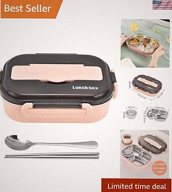 Compact 4-Grid Leakproof Bento Lunch Box Set with Chopsticks & Soup Bowl
