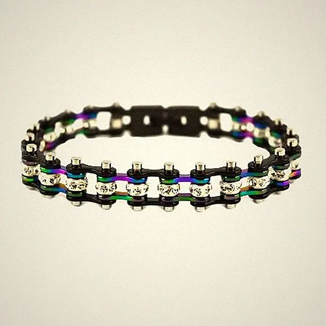 Ladies Motorcycle Bike Chain Black Rainbow Ladies Crystal Bracelet 134