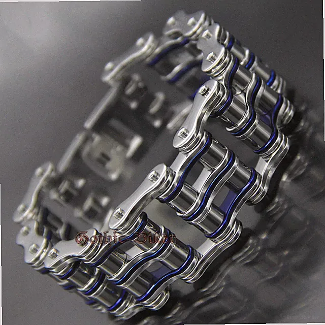 Men's Heavy Stainless Steel Motorcycle Bike Chain Bracelet Silver/Blue 27mm Wide