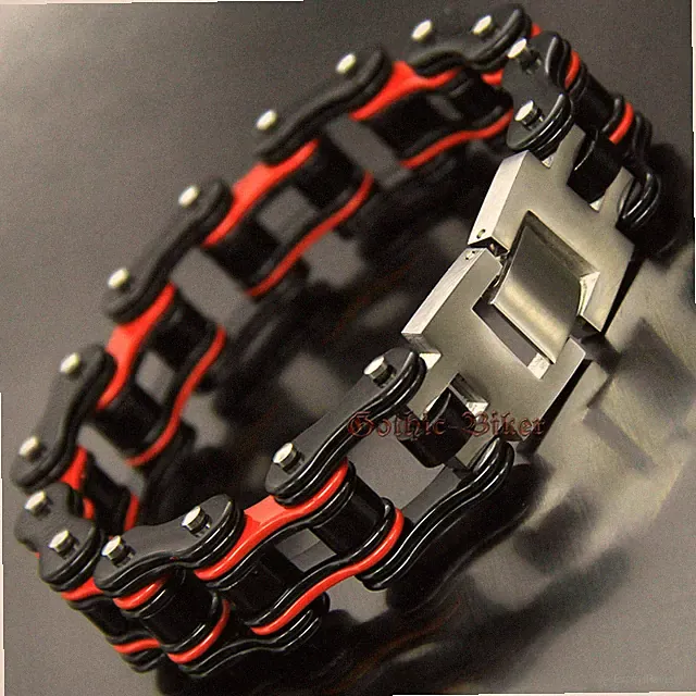 Mens Stainless Steel Motorcycle Bike Chain Link Bracelet Heavy Biker Black/Red