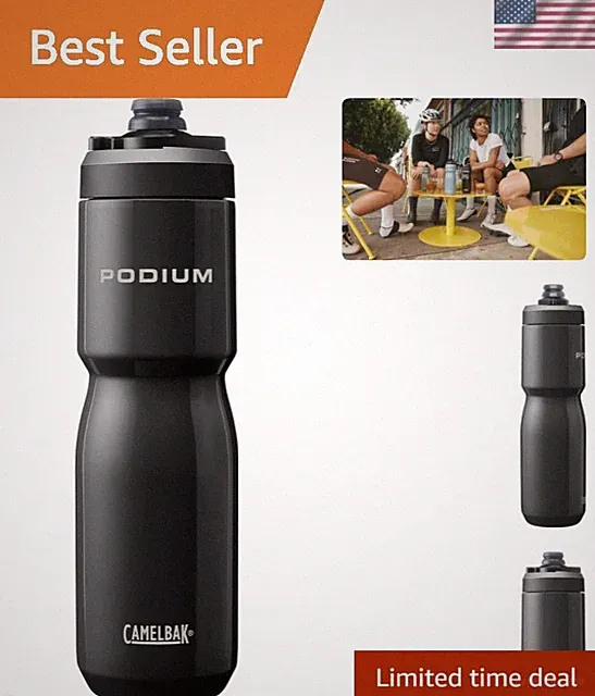 Podium Steel Insulated Stainless Steel Bike Water Bottle Black, 22oz