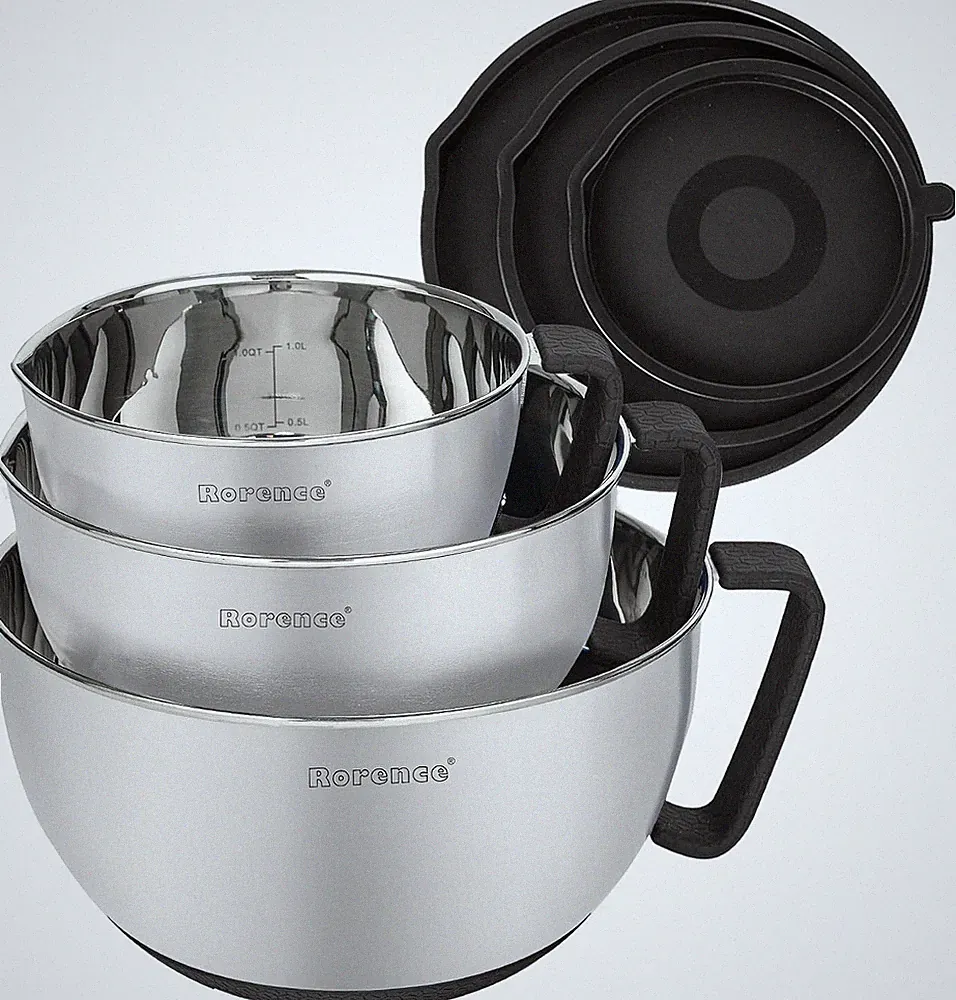 Rorence Stainless Steel Non-Slip Mixing Bowls with Pour Spout Handle and Lid S