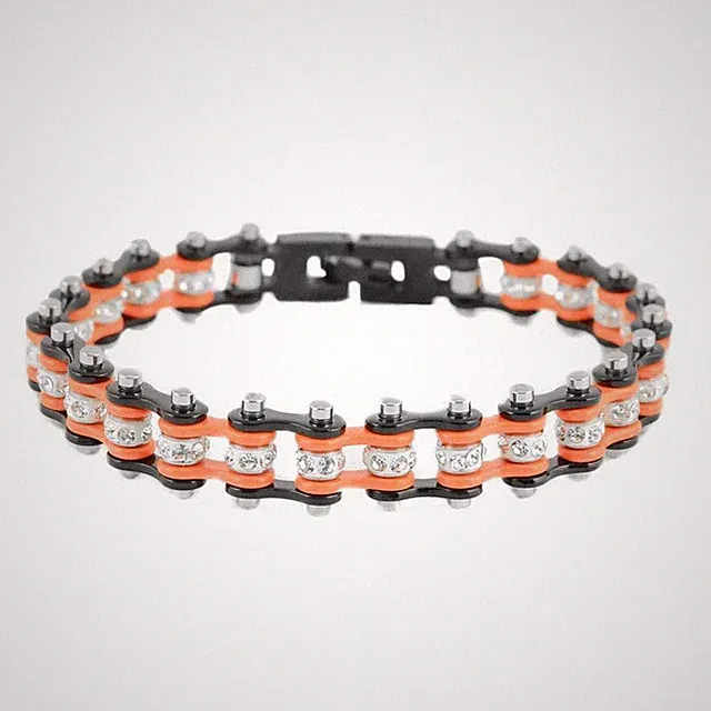 Women's Black / Orange Motorcycle Mini Bike Chain Stainless Steel Bracelet 108