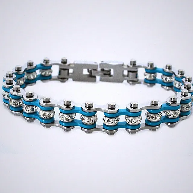 Women's Stainless Steel Motorcycle Tennis Bracelet Chrome & Turquoise 128
